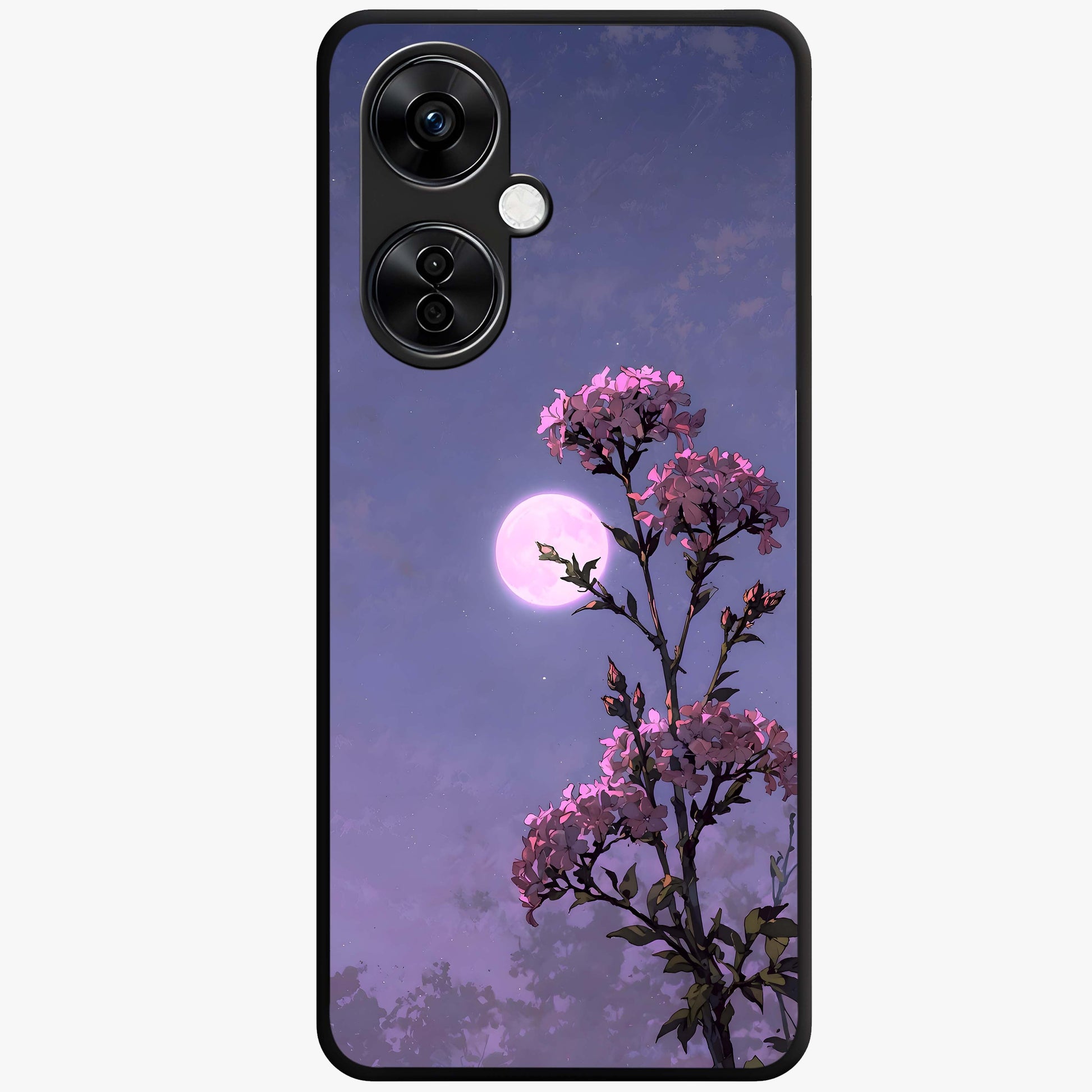 Moonlit Petal Night Glass Case for 1+Nord CE 3 Lite elegant front view featuring floral artwork glowing in night tones