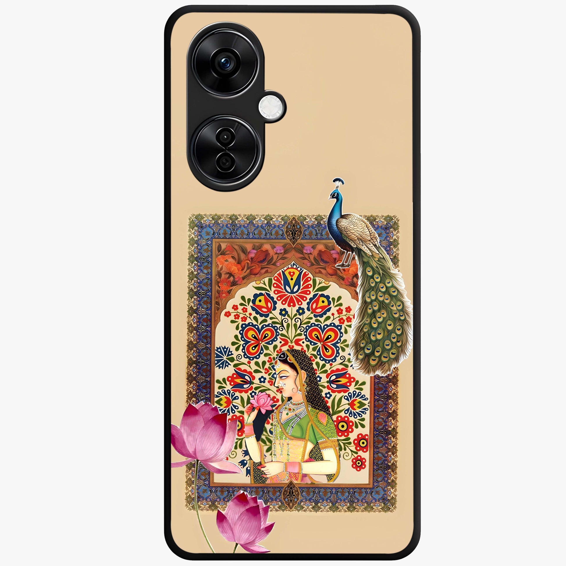 Mughal Princess and Peacock Glass Case for 1+Nord CE 3 Lite royal front view featuring intricate princess and peacock artwork