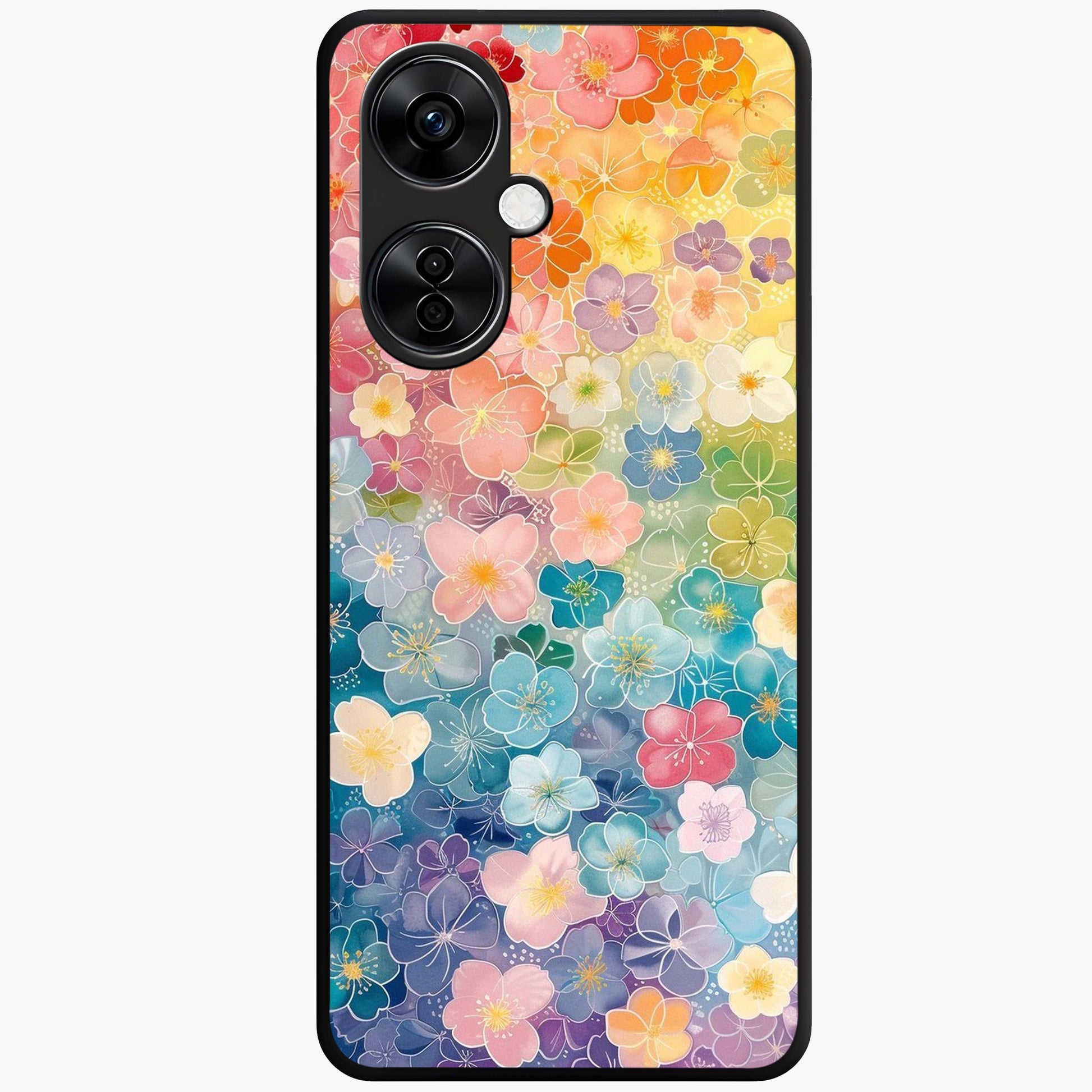 Multiple Background With Flower Glass Case for 1+Nord CE 3 Lite vibrant front view featuring layered floral artwork on mixed backgrounds