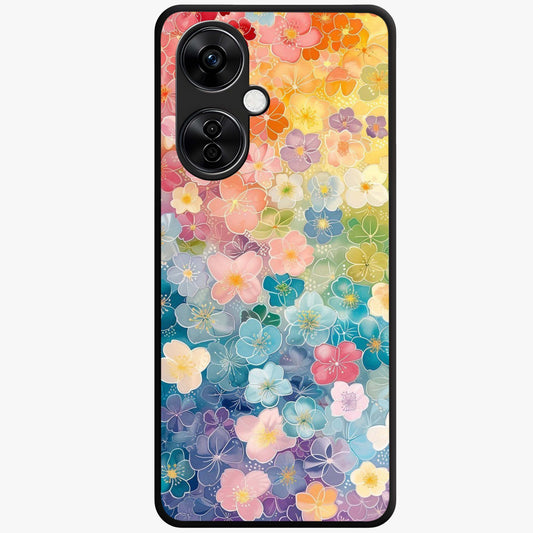 Multiple Background With Flower Glass Case for 1+Nord CE 3 Lite vibrant front view featuring layered floral artwork on mixed backgrounds