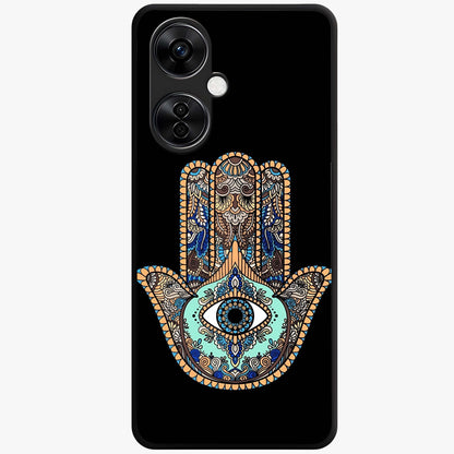 Mystic Hamsa Eye Glass Case for 1+Nord CE 3 Lite symbolic front view featuring traditional hamsa eye artwork