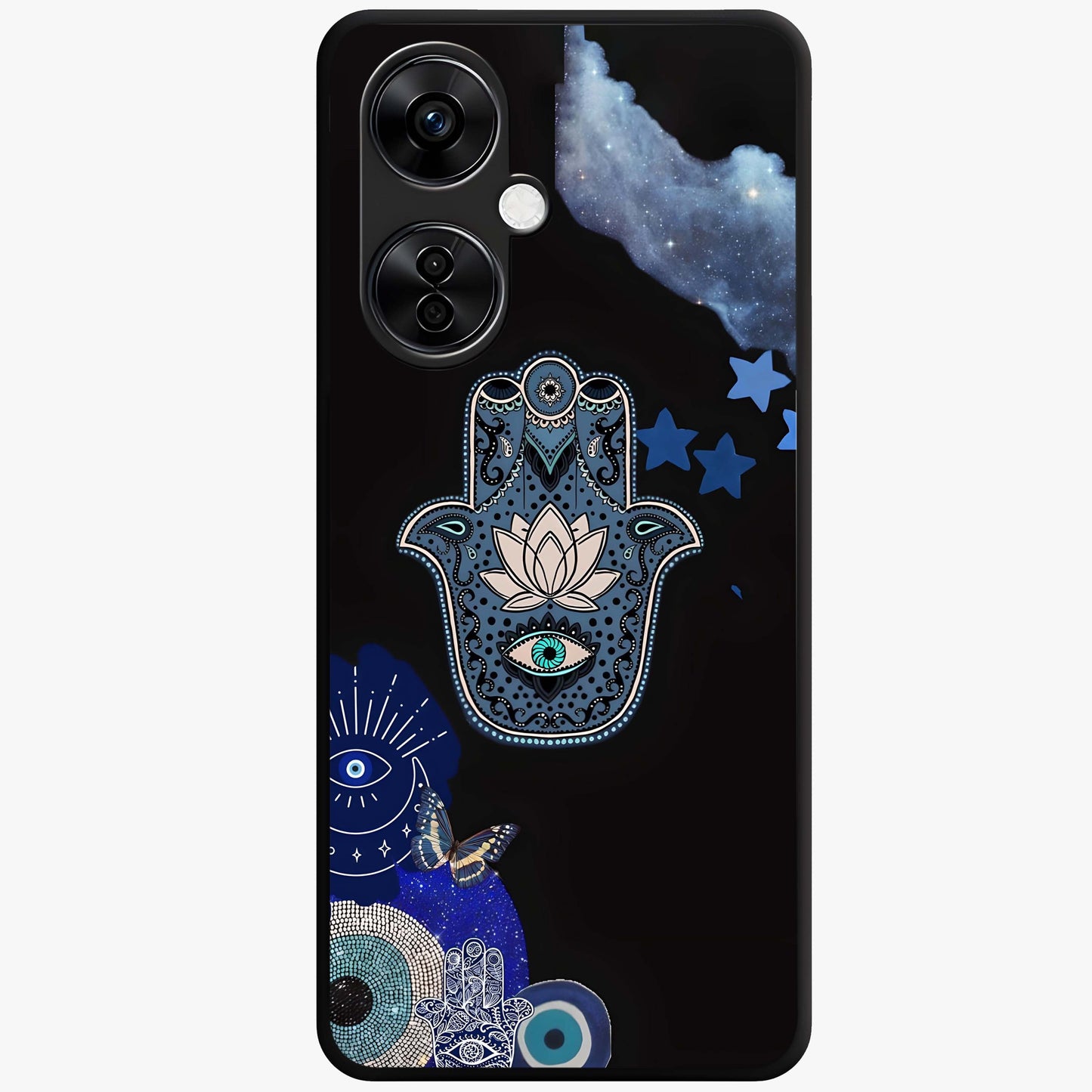 Mystic Hand Aura Glass Case for 1+Nord CE 3 Lite artistic front view featuring hand symbol artwork with glowing aura tones