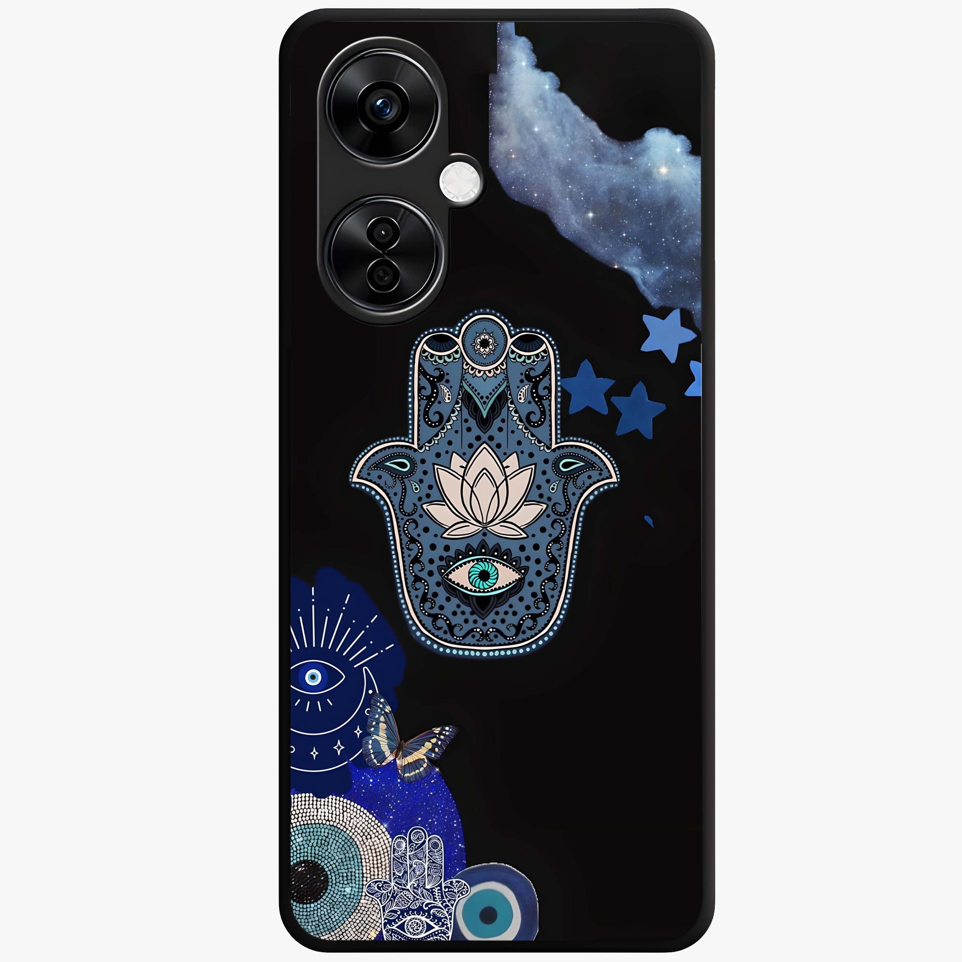 Mystic Hand Aura Glass Case for 1+Nord CE 3 Lite artistic front view featuring hand symbol artwork with glowing aura tones
