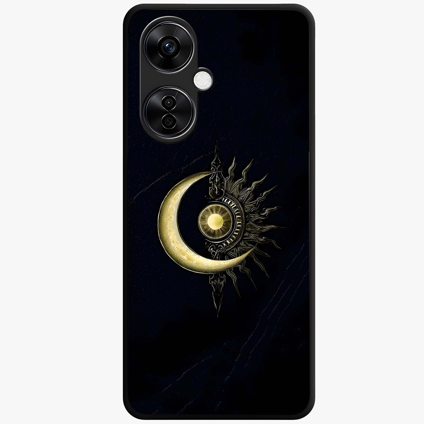 Mystic Lunar Flame Glass Case for 1+Nord CE 3 Lite striking front view featuring moon and flame inspired artwork