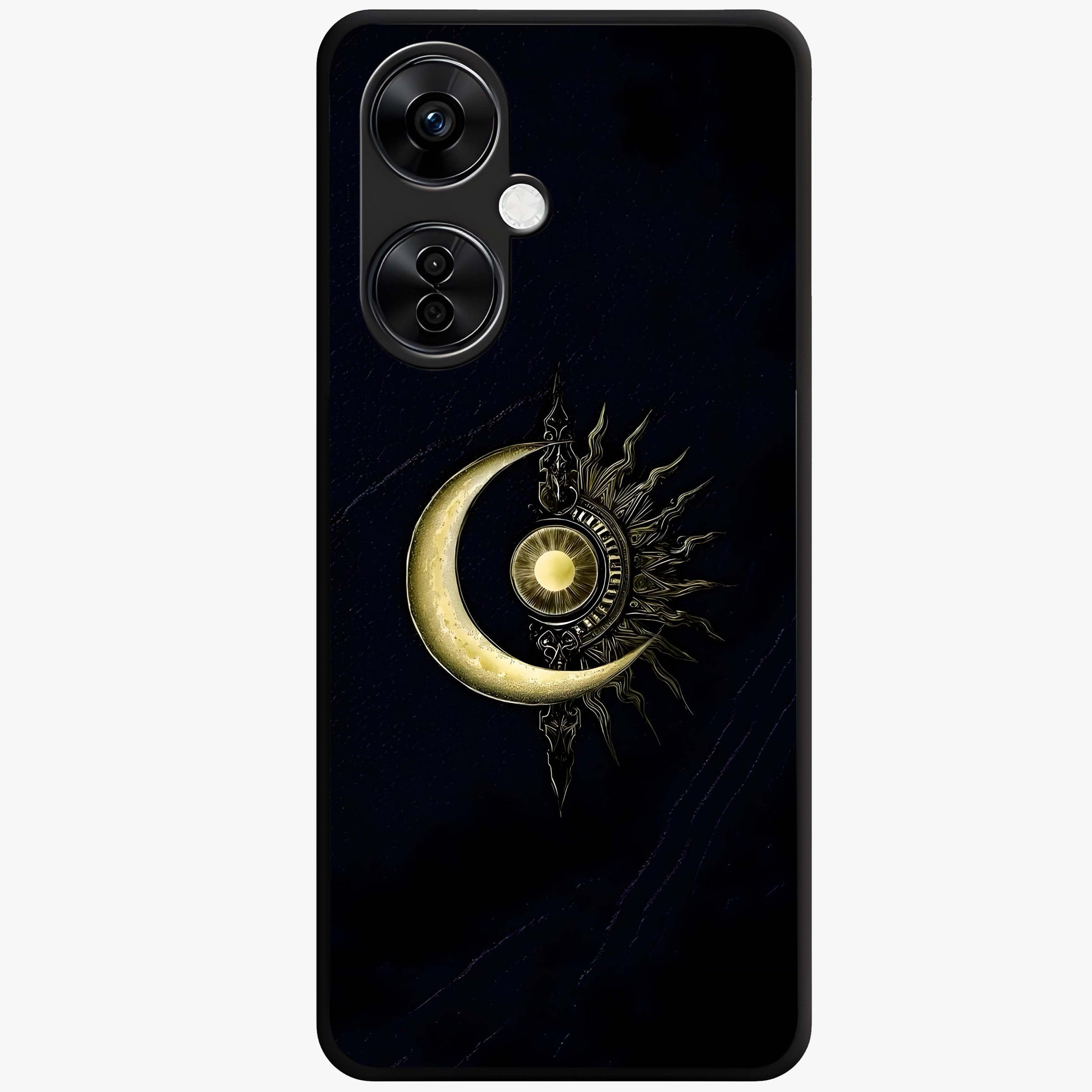 Mystic Lunar Flame Glass Case for 1+Nord CE 3 Lite striking front view featuring moon and flame inspired artwork