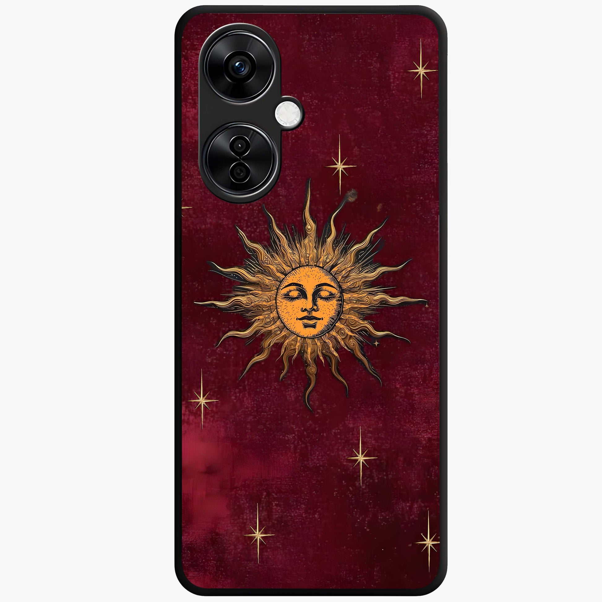 Mystic Solar Glow Glass Case for 1+Nord CE 3 Lite radiant front view featuring glowing sun inspired mystical artwork