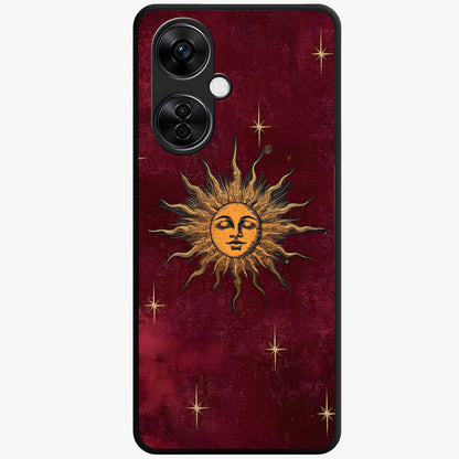 Mystic Solar Glow Glass Case for 1+Nord CE 3 Lite radiant front view featuring glowing sun inspired mystical artwork