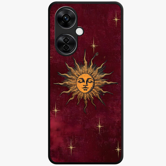 Mystic Solar Glow Glass Case for 1+Nord CE 3 Lite radiant front view featuring glowing sun inspired mystical artwork