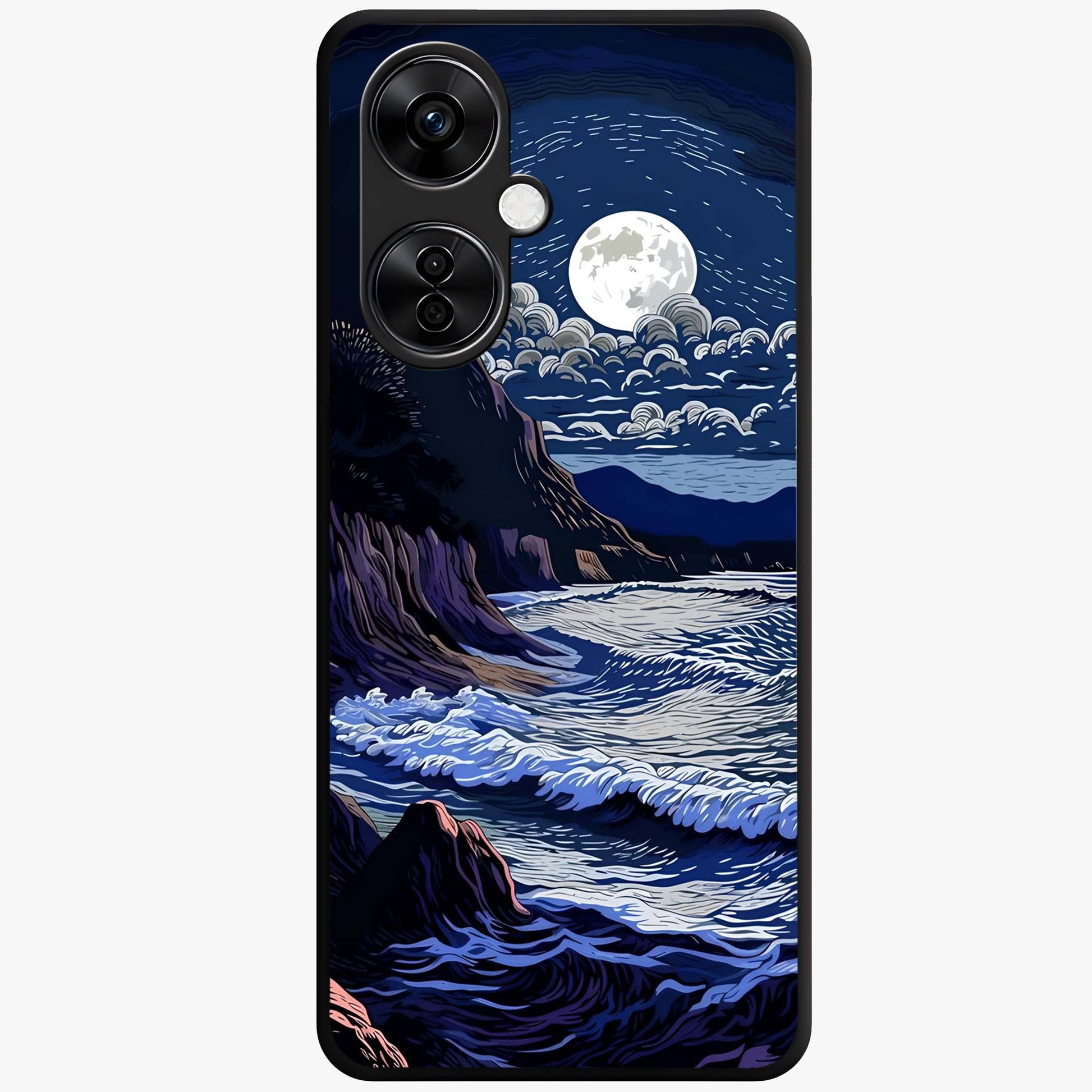 Night Moon Scenery Pattern Glass Case for 1+Nord CE 3 Lite serene front view featuring moonlit landscape pattern artwork