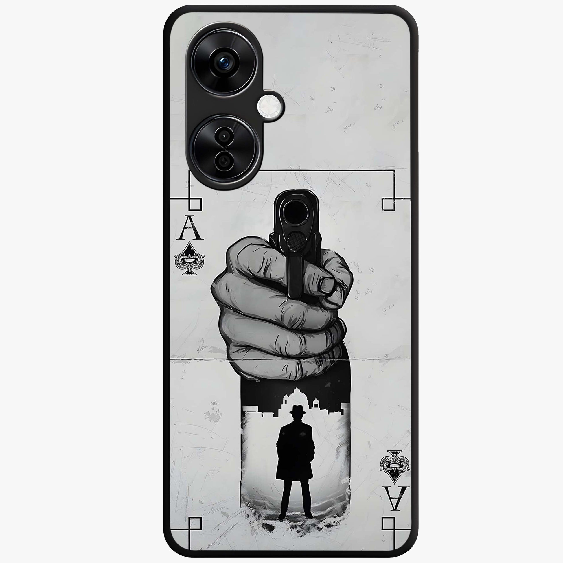 Noir Trigger Fate Glass Case for 1+Nord CE 3 Lite dramatic front view featuring bold noir themed artistic artwork