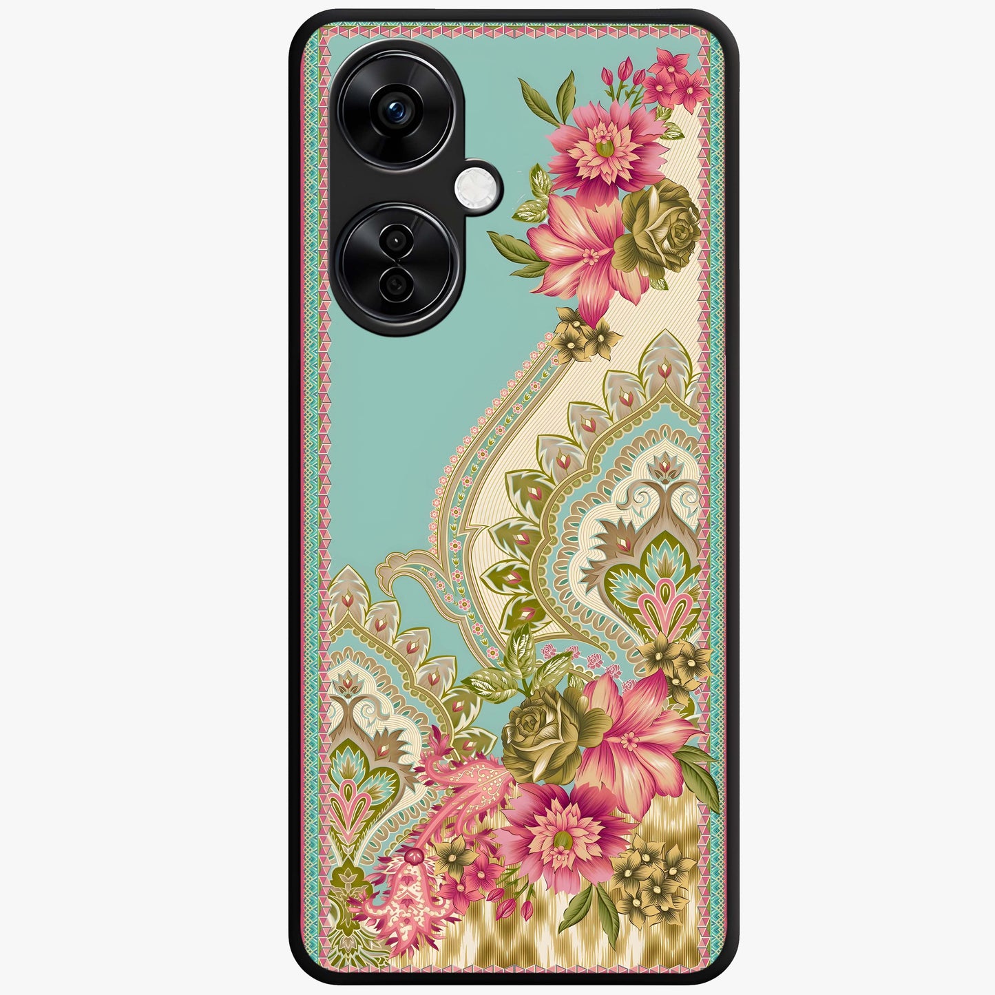Ornate Mughal Floral Pattern Glass Case for 1+Nord CE 3 Lite royal front view featuring intricate Mughal inspired floral artwork