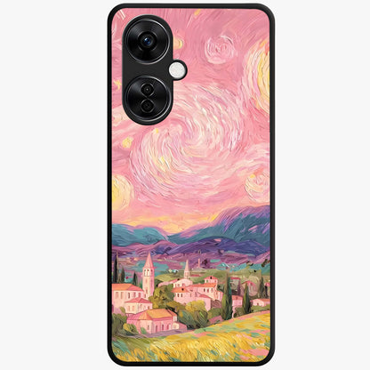 Pastel Starry Village Glass Case for 1+Nord CE 3 Lite dreamy front view featuring village artwork under pastel night sky