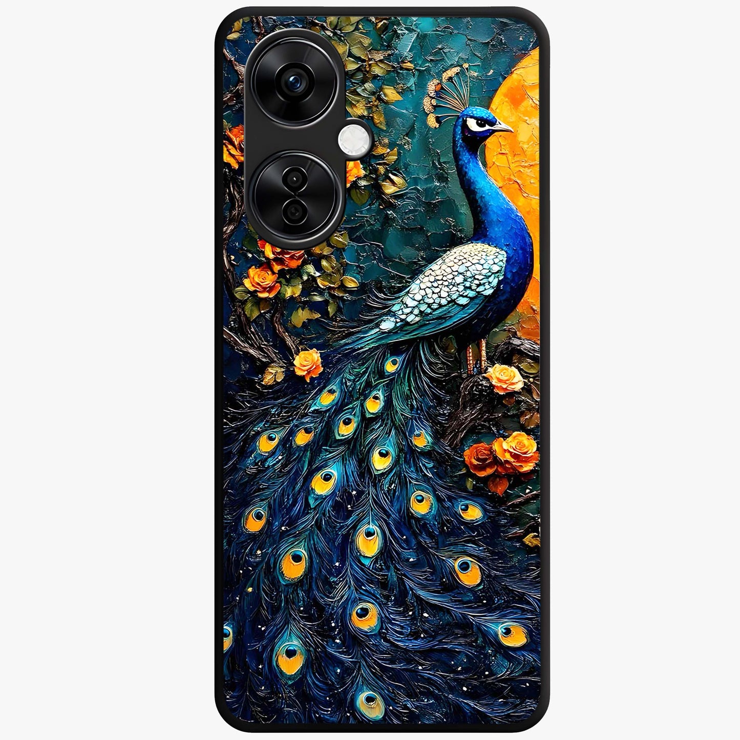Peacock With Yellow Moon Glass Case for 1+Nord CE 3 Lite striking front view featuring peacock artwork under glowing yellow moon
