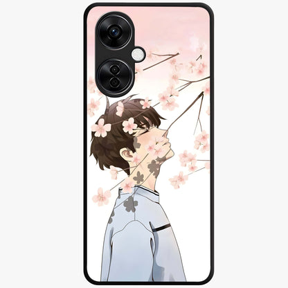 Pink Blossom Boy Glass Case for 1+Nord CE 3 Lite aesthetic front view featuring illustrated character with pink floral accents