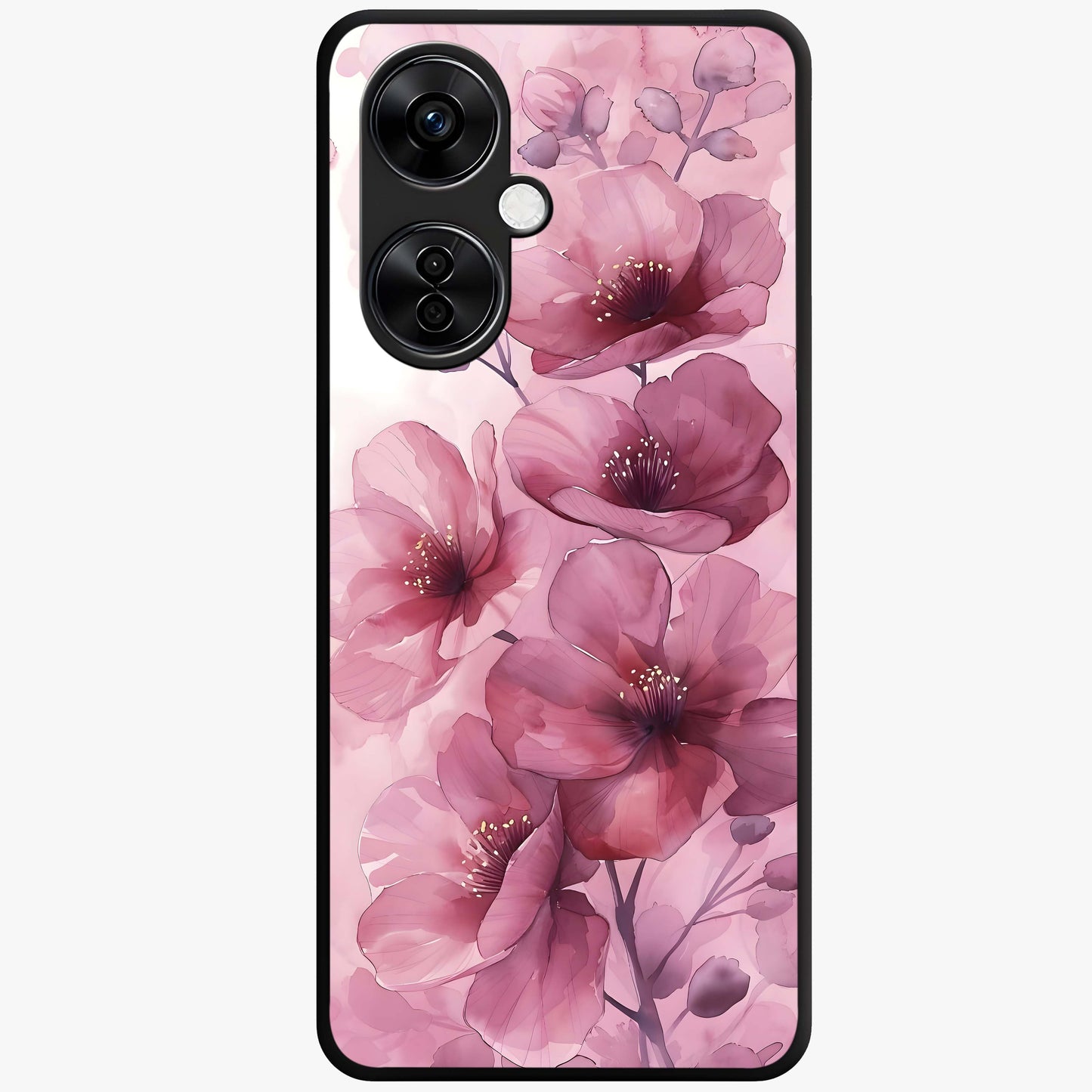 Pink Floral Glass Case for 1+Nord CE 3 Lite elegant front view featuring soft pink flower artwork