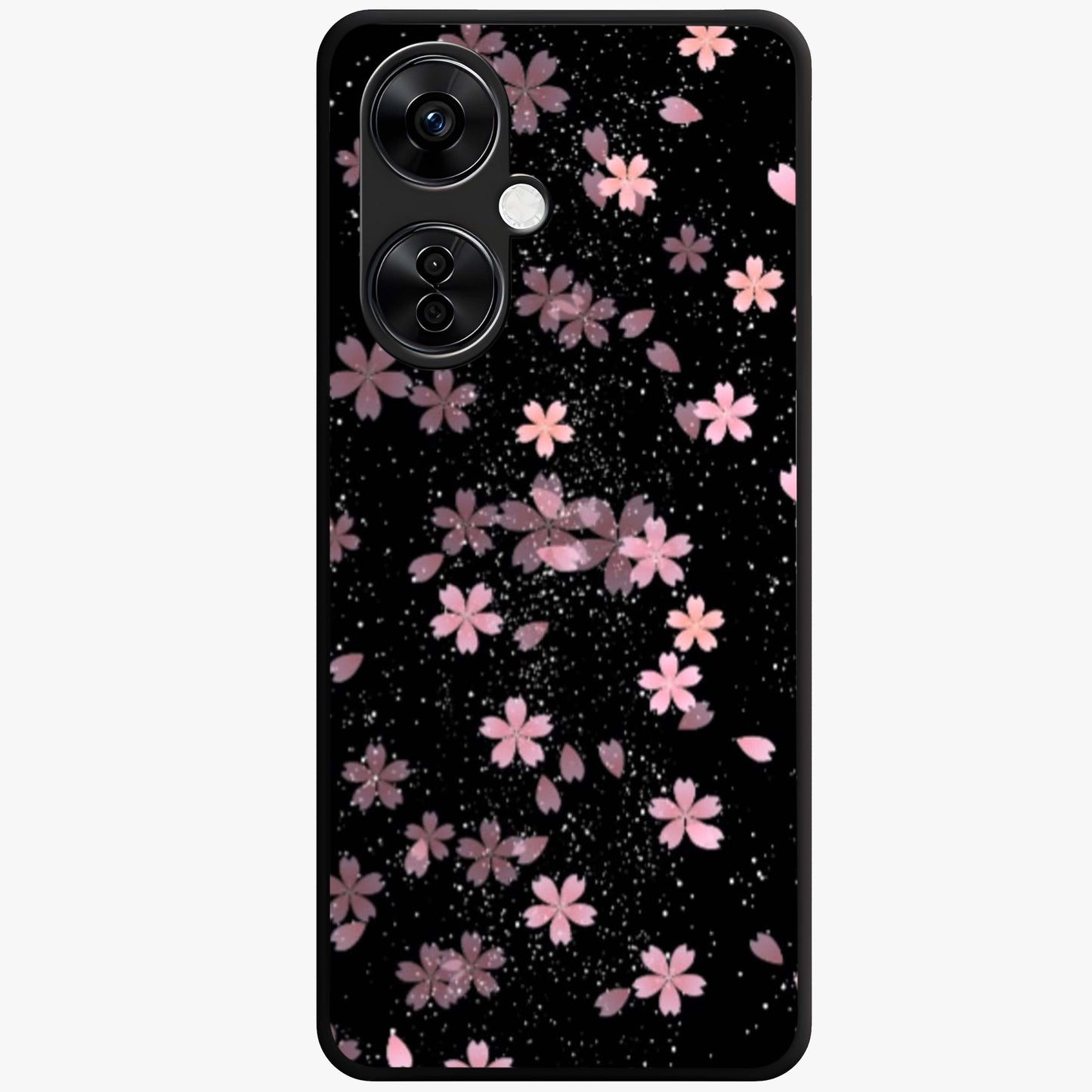 Pink Flower Black Background Glass Case for 1+Nord CE 3 Lite striking front view featuring vibrant pink flower on dark backdrop