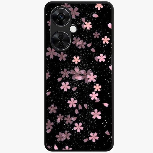 Pink Flower Black Background Glass Case for 1+Nord CE 3 Lite striking front view featuring vibrant pink flower on dark backdrop