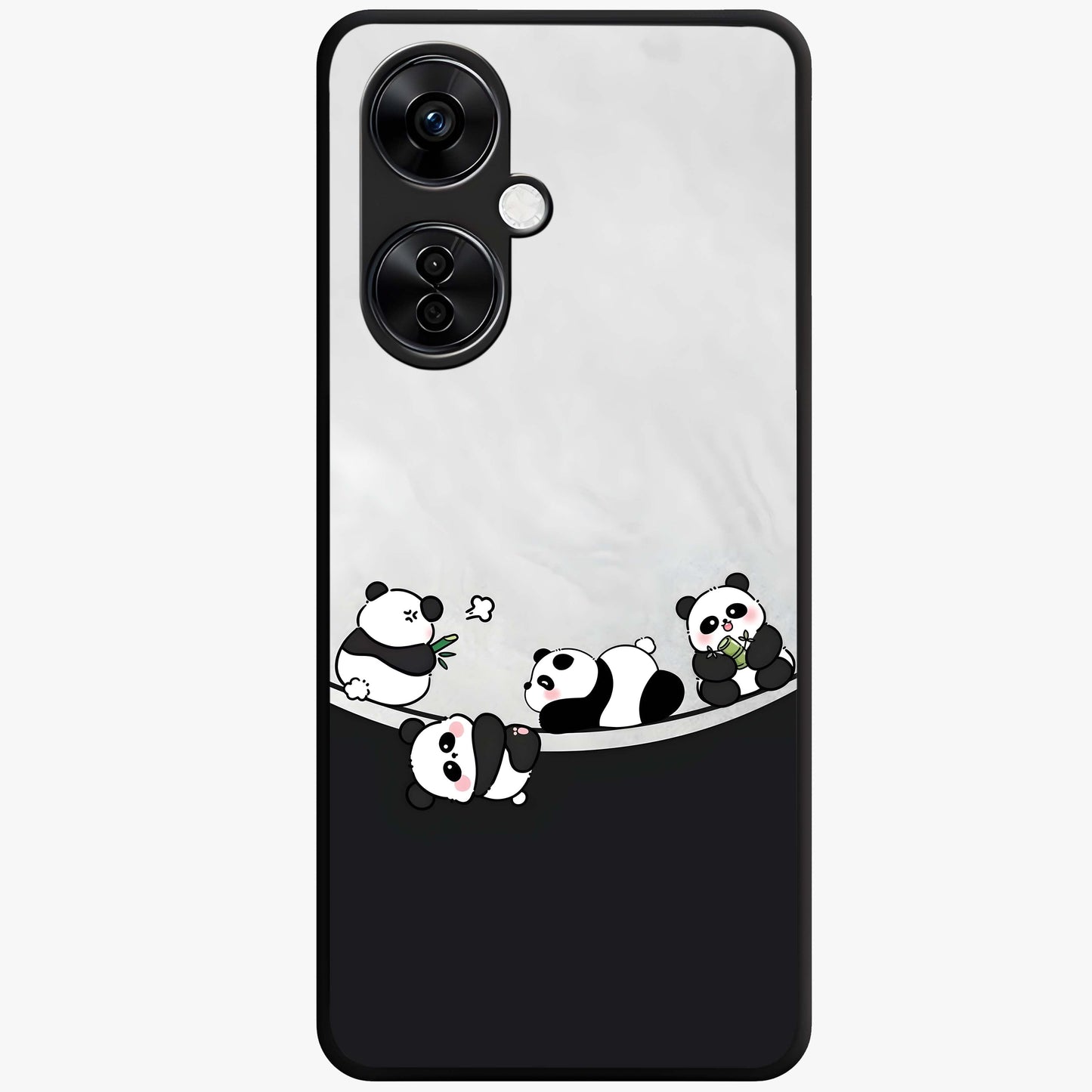 Playful Panda Parade Glass Case for 1+Nord CE 3 Lite adorable front view featuring cute panda artwork in lively poses