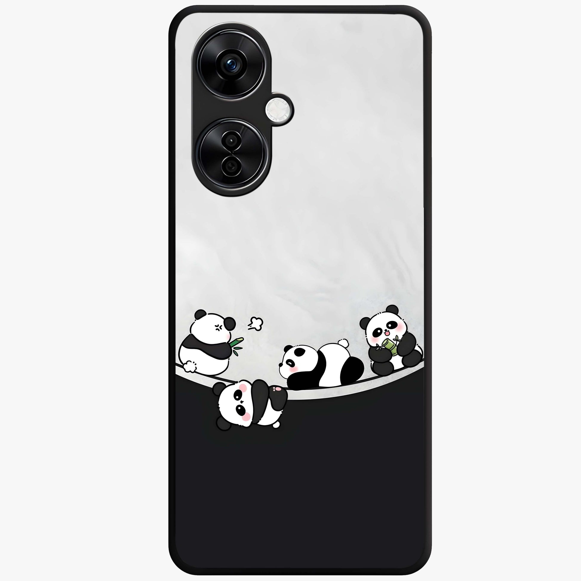 Playful Panda Parade Glass Case for 1+Nord CE 3 Lite adorable front view featuring cute panda artwork in lively poses