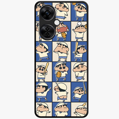 Playful Shin Swing Glass Case for 1+Nord CE 3 Lite lively front view featuring animated character artwork with playful theme