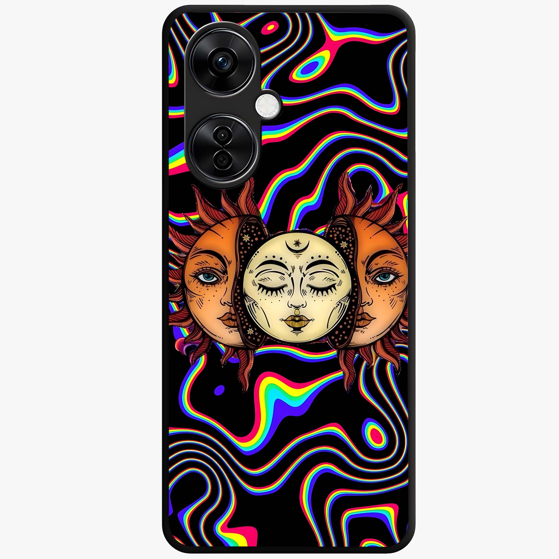 Psychedelic Sun Glass Case for 1+Nord CE 3 Lite artistic front view featuring vibrant sun artwork in psychedelic colors
