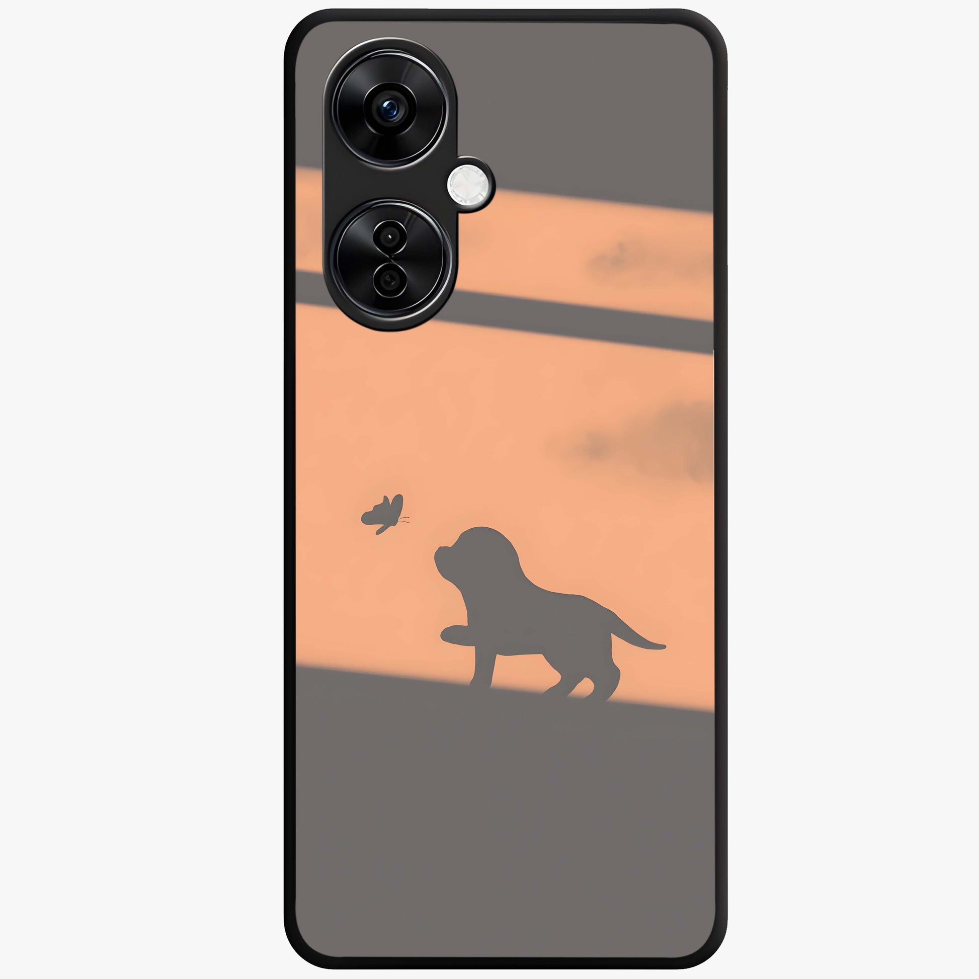 Puppy Shadow Art Glass Case for 1+Nord CE 3 Lite charming front view featuring artistic puppy silhouette artwork
