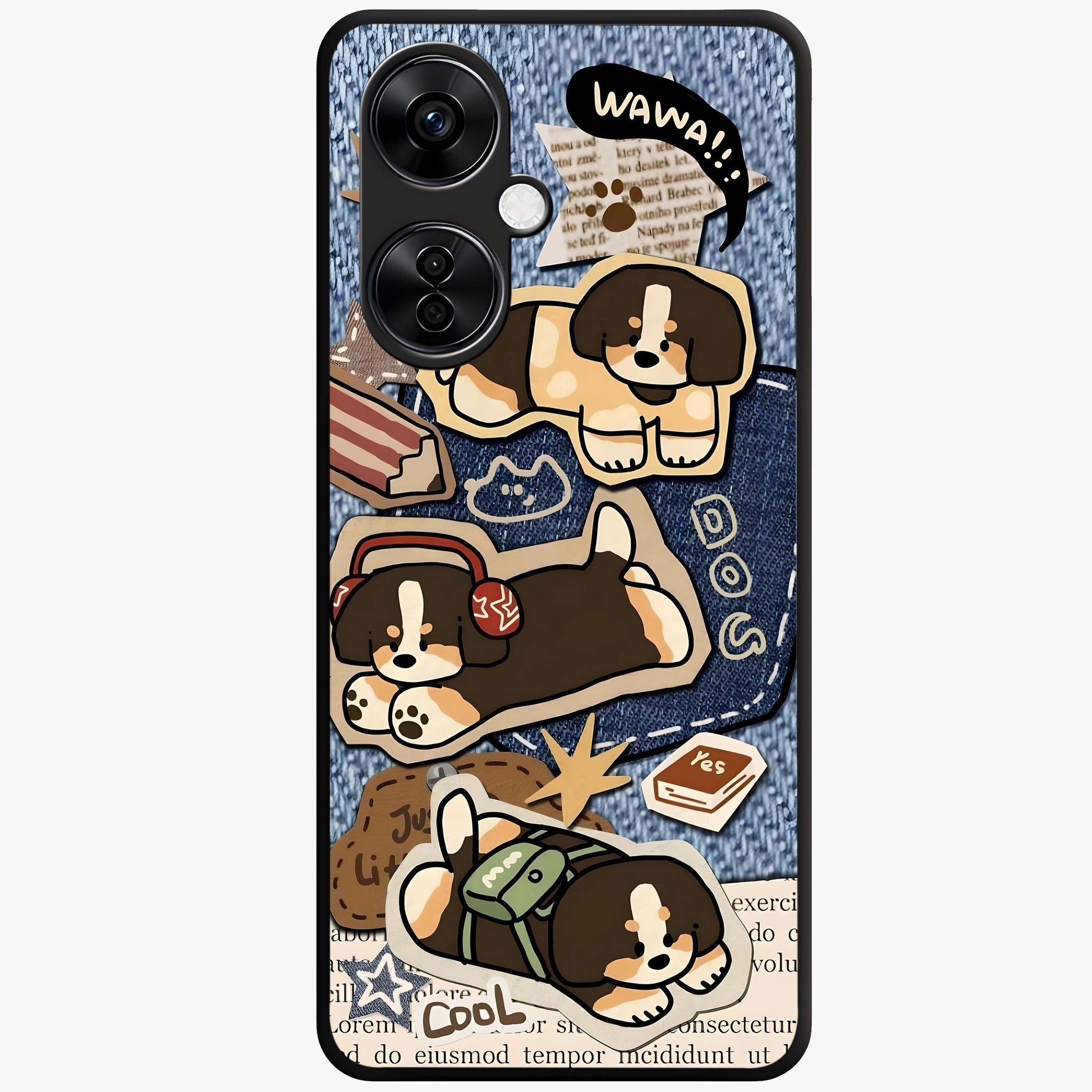 Puppy Sticker Parade Glass Case for 1+Nord CE 3 Lite playful front view featuring multiple puppy sticker style artwork