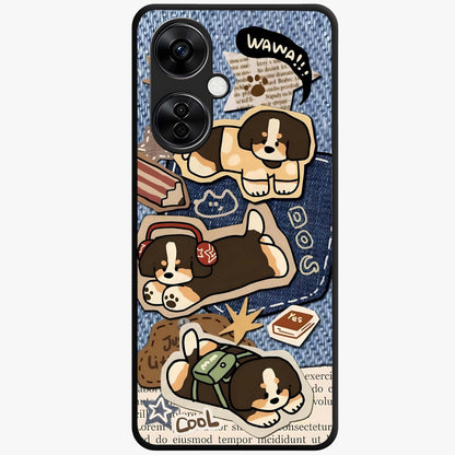 Puppy Sticker Parade Glass Case for 1+Nord CE 3 Lite playful front view featuring multiple puppy sticker style artwork