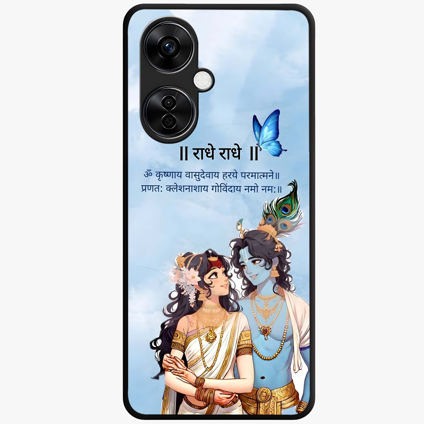 Radha Krishna Eternal Glass Case for 1+Nord CE 3 Lite serene front view featuring timeless Radha Krishna devotional artwork