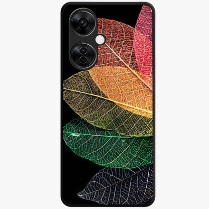 Rainbow Leaf Glow Glass Case for 1+Nord CE 3 Lite colorful front view featuring vibrant leaf artwork with glowing effect