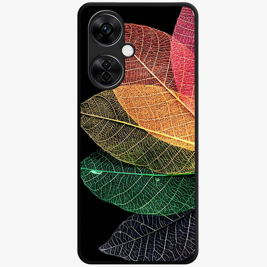 Rainbow Leaf Glow Glass Case for 1+Nord CE 3 Lite colorful front view featuring vibrant leaf artwork with glowing effect