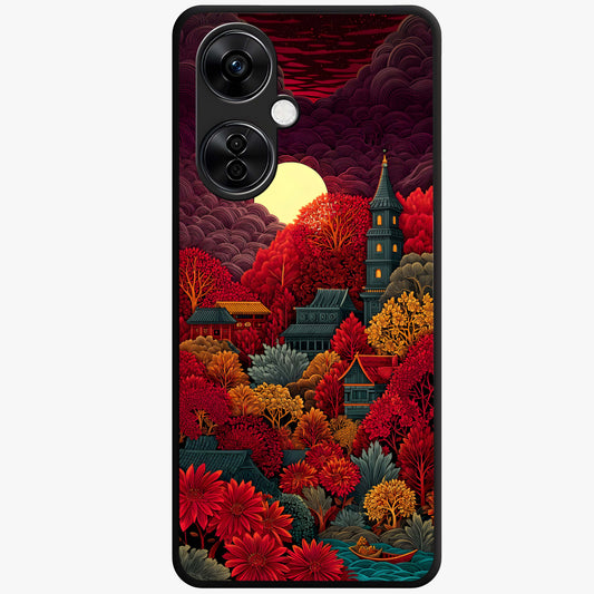 Red Scenery Hot Glass Case for 1+Nord CE 3 Lite dramatic front view featuring bold red landscape artwork