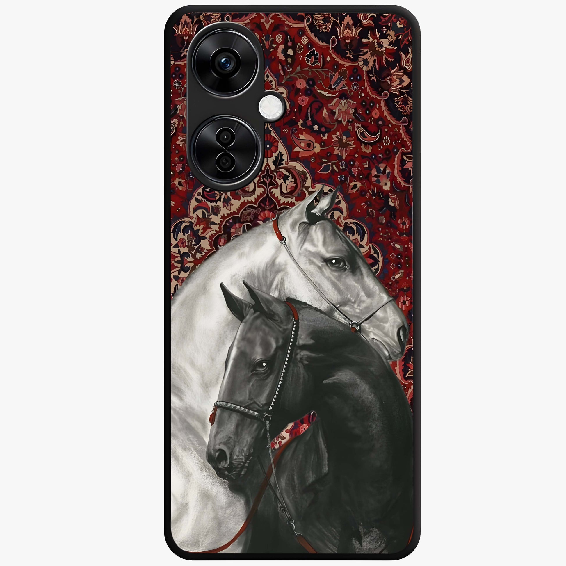 Regal Stallion Tapestry Glass Case for 1+Nord CE 3 Lite powerful front view featuring majestic horse artwork with tapestry style detailing