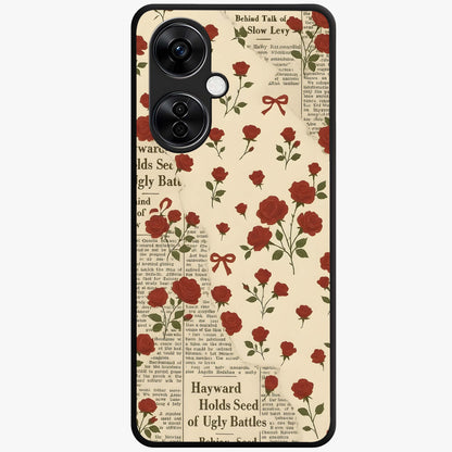 Retro Rose Journal Glass Case for 1+Nord CE 3 Lite elegant front view featuring vintage rose artwork with journal aesthetic