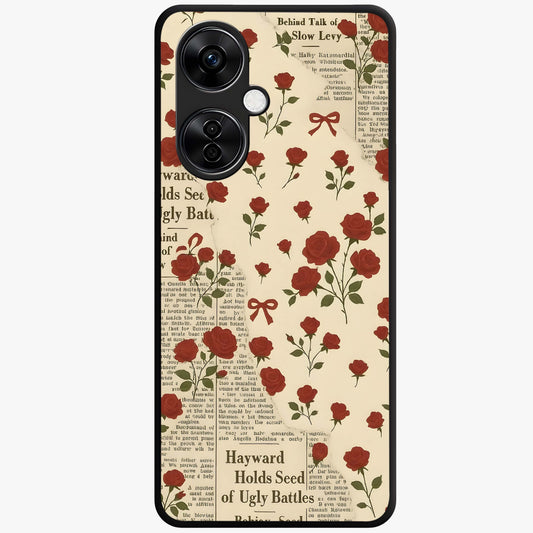 Retro Rose Journal Glass Case for 1+Nord CE 3 Lite elegant front view featuring vintage rose artwork with journal aesthetic