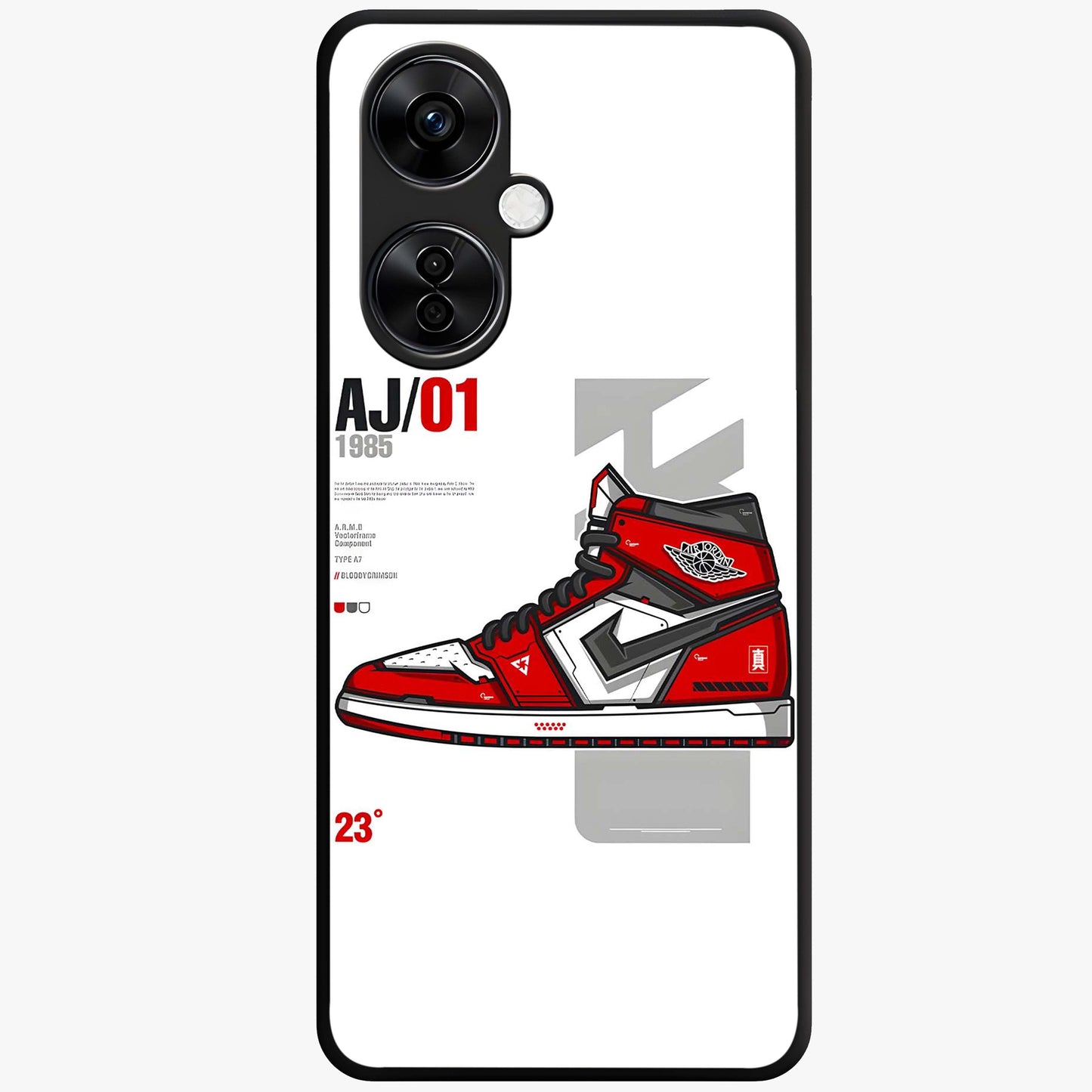 Retro Sneaker Blueprint Glass Case for 1+Nord CE 3 Lite bold front view featuring sneaker blueprint style artwork