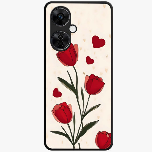 Romantic Tulip Hearts Glass Case for 1+Nord CE 3 Lite sweet front view featuring tulip floral artwork with heart accents