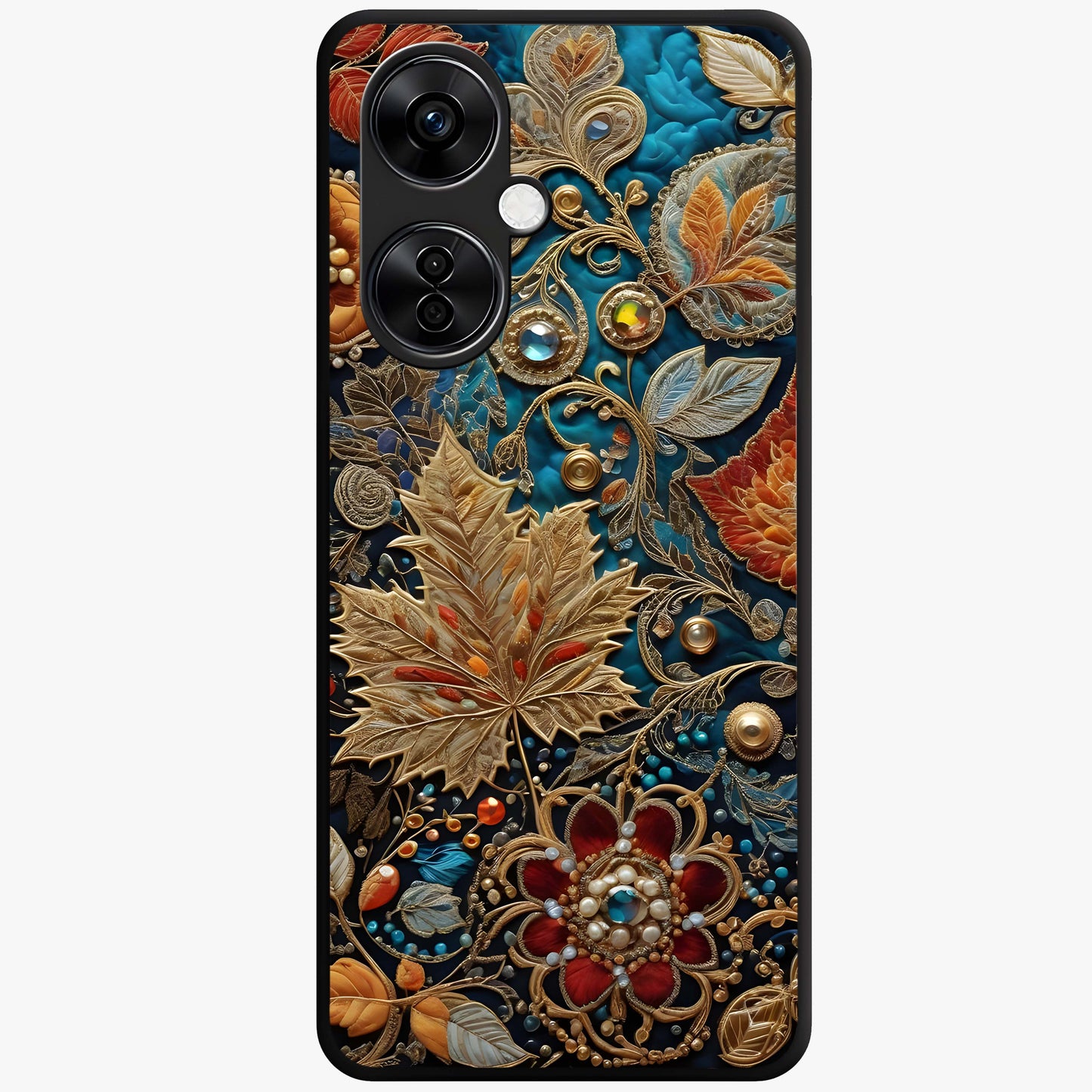 Royal Jewel Garden Glass Case for 1+Nord CE 3 Lite luxurious front view featuring ornate floral artwork with jewel accents