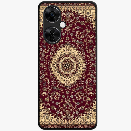Royal Maroon Heritage Glass Case for 1+Nord CE 3 Lite bold front view featuring intricate heritage pattern artwork in maroon tones