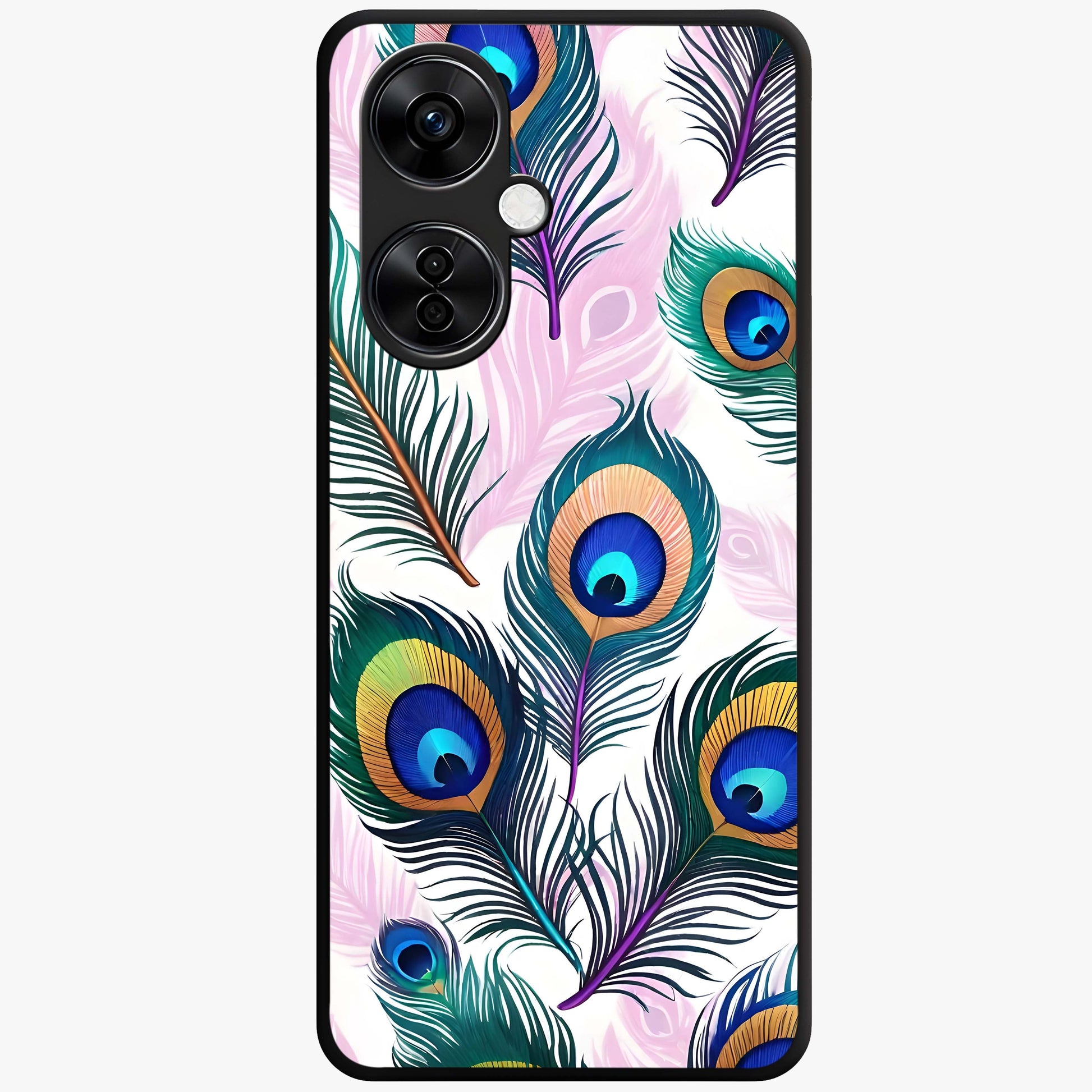 Royal Peacock Feathers Glass Case for 1+Nord CE 3 Lite vibrant front view featuring detailed peacock feather artwork