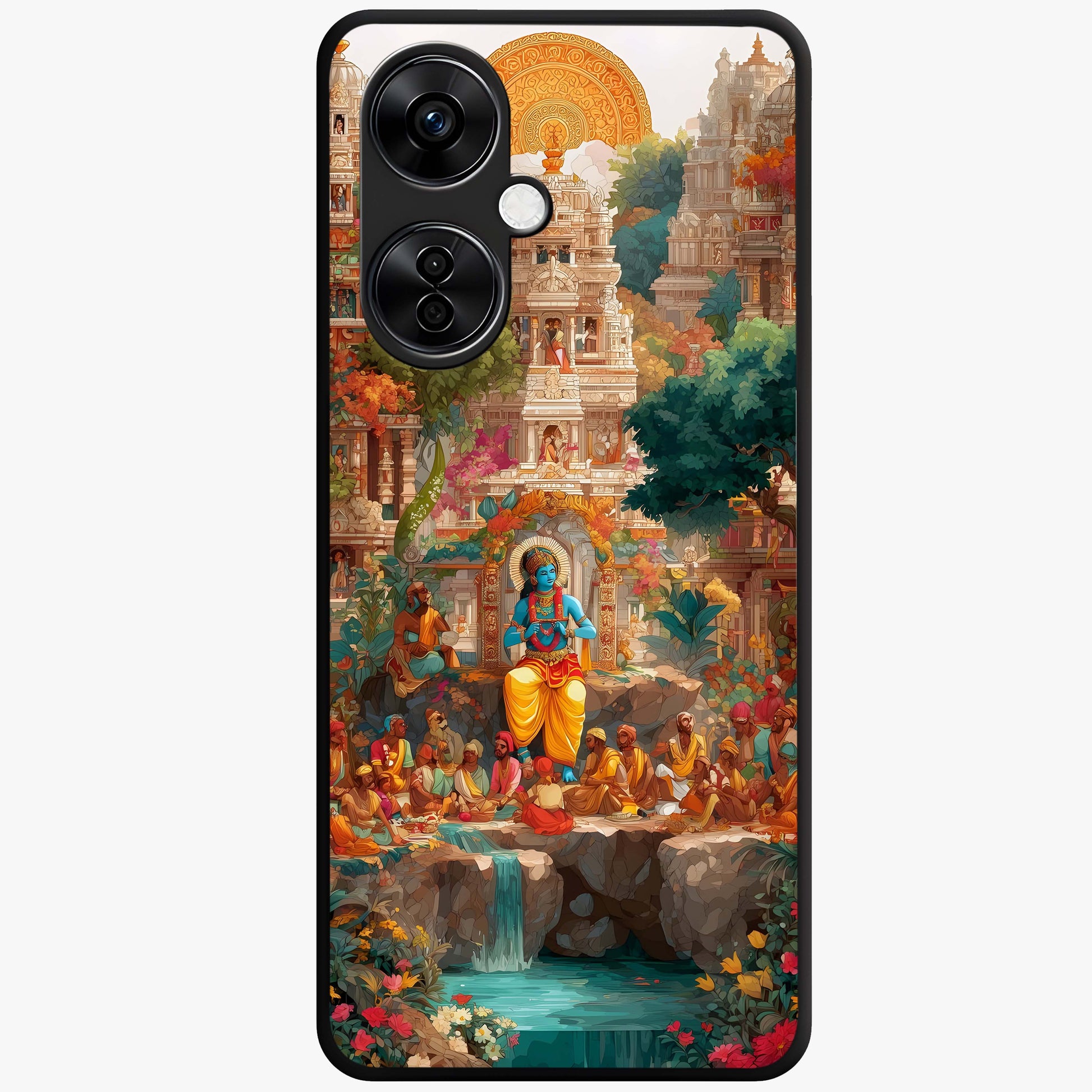 Sacred Sunlight Gods Glass Case for 1+Nord CE 3 Lite powerful front view featuring divine artwork bathed in golden sunlight
