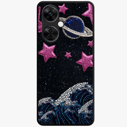 Saturn Pink Storm Glass Case for 1+Nord CE 3 Lite bold front view featuring cosmic Saturn artwork in vibrant pink tones