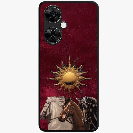 Solar Riders Glass Case for 1+Nord CE 3 Lite dynamic front view featuring bold rider inspired artwork with solar tones