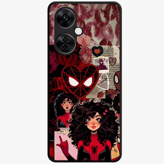 Spider Love Story Glass Case for 1+Nord CE 3 Lite bold front view featuring superhero inspired romantic artwork