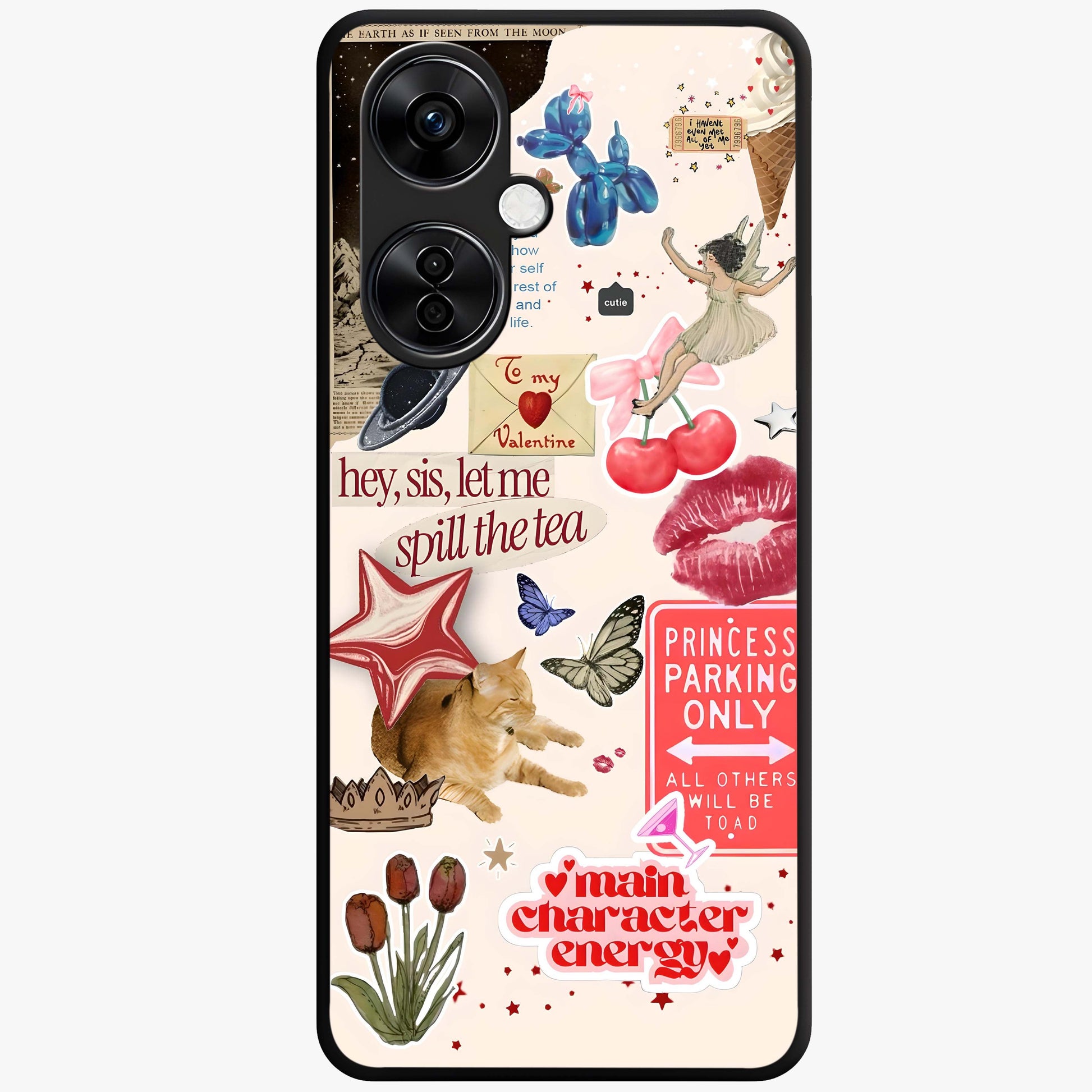 Spill the Tea Retro Collage Glass Case for 1+Nord CE 3 Lite playful front view featuring vintage style collage artwork