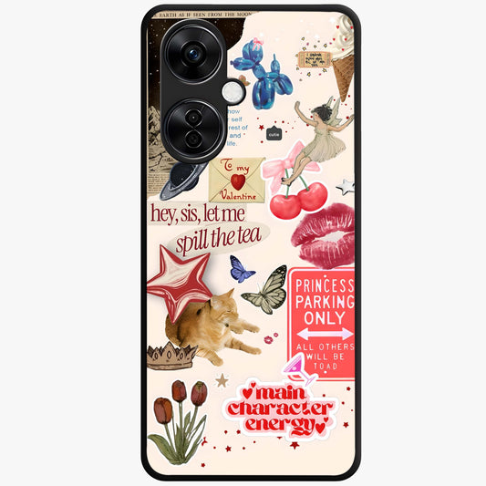Spill the Tea Retro Collage Glass Case for 1+Nord CE 3 Lite playful front view featuring vintage style collage artwork