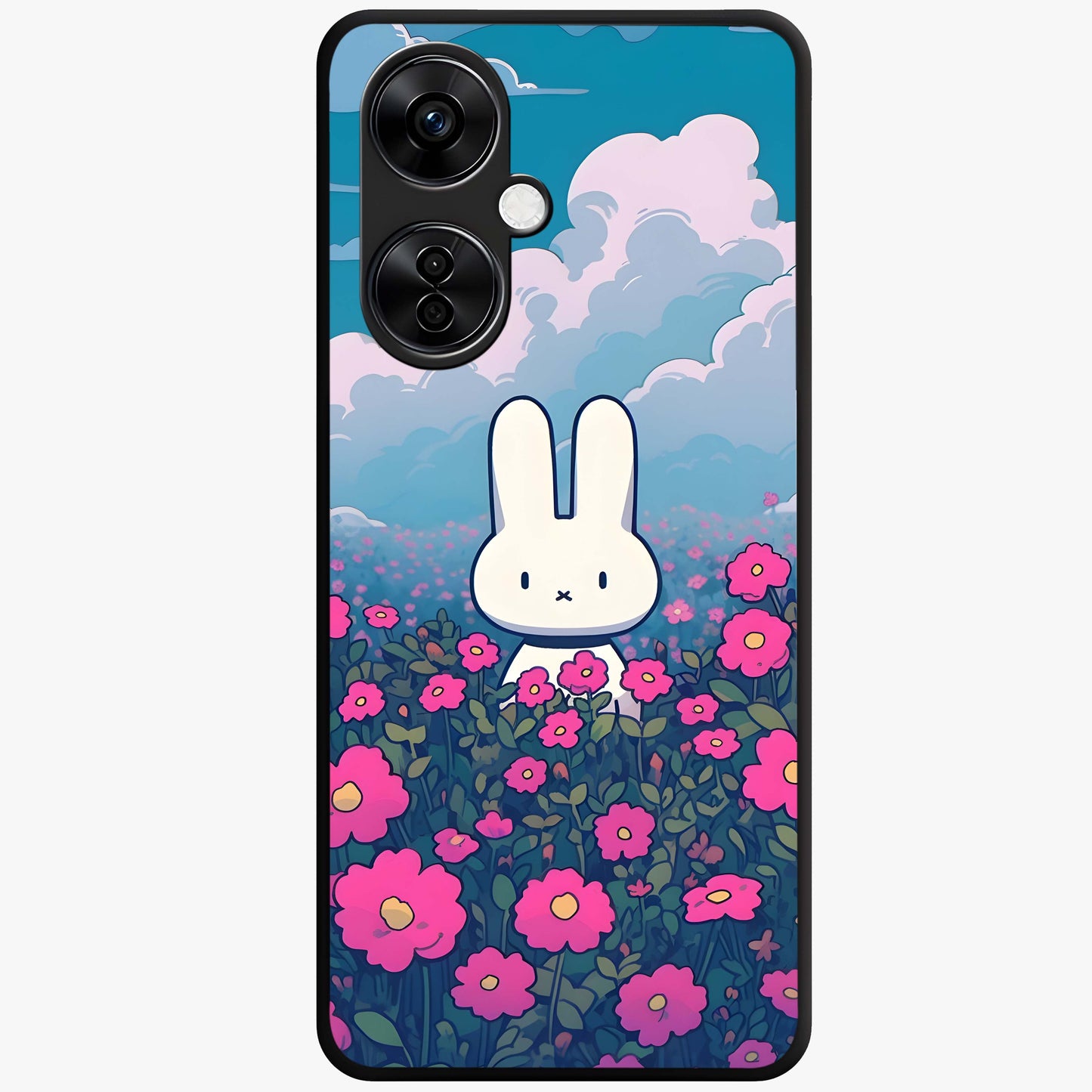 Springtime Blossom Bunny Glass Case for 1+Nord CE 3 Lite adorable front view featuring bunny artwork with spring floral accents