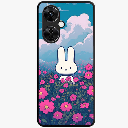 Springtime Blossom Bunny Glass Case for 1+Nord CE 3 Lite adorable front view featuring bunny artwork with spring floral accents