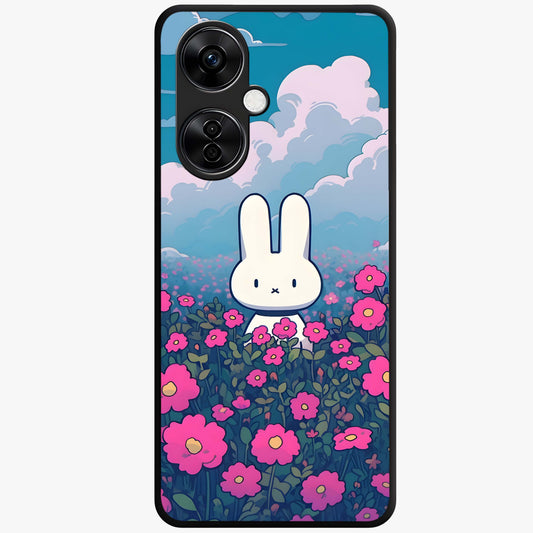 Springtime Blossom Bunny Glass Case for 1+Nord CE 3 Lite adorable front view featuring bunny artwork with spring floral accents