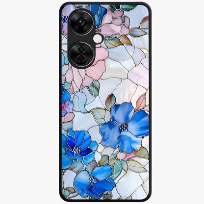 Stained Blue Floral Glass Case for 1+Nord CE 3 Lite elegant front view featuring blue stained glass inspired floral artwork